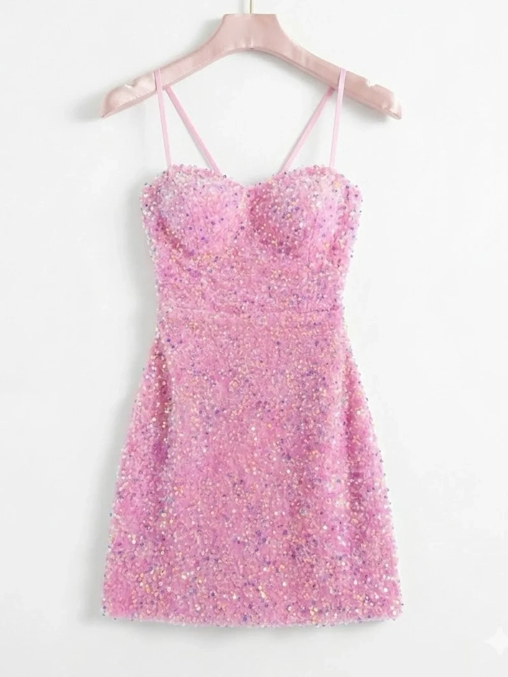 b darlin pink sequin dress B. Darlin Sequin Patterned V-Neck Double Strap Lace Up Back Bodycon Homecoming Dress, Womens, 7, Bubblegum/Iridescent